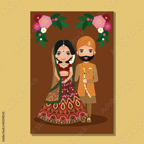  Wedding invitation card the bride and groom cute couple in traditional indian dress cartoon character. Vector illustration.