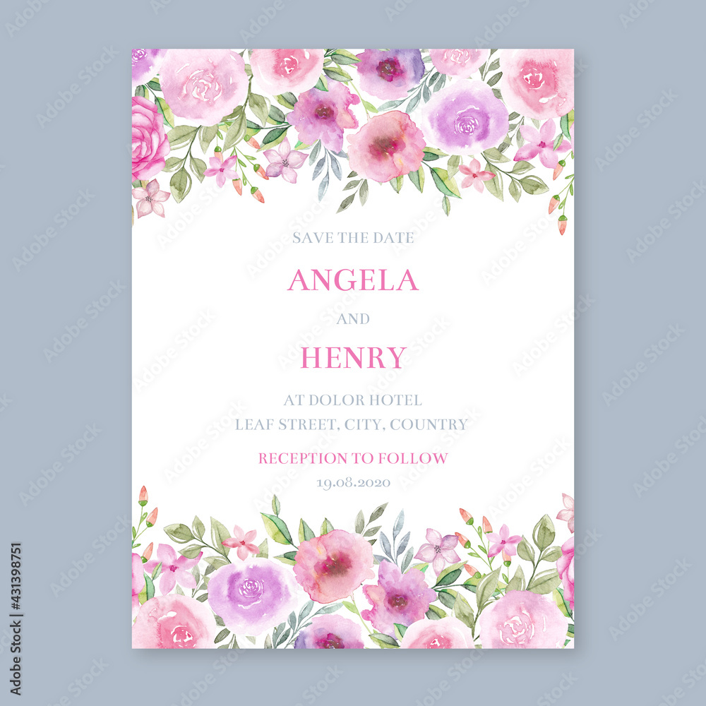 Watercolor floral wedding invitation, painted floral border card