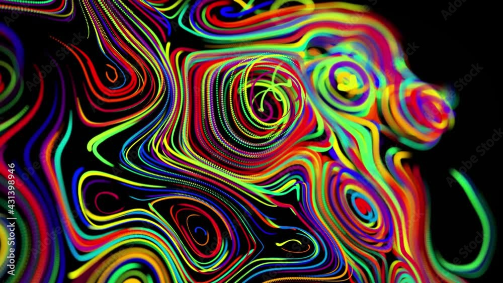 flow of particles forms curled lines like glow trails of different colors, lines form swirling pattern like curle noise. Abstract 3d looping flowing animation as bright creative festive background flow of particles forms curled lines like glow trails of different colors, lines form swirling pattern like curle noise. Abstract 3d looping flowing animation as bright creative festive background