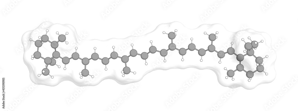 3D rendering of Beta-Carotene with white transparent surface over a white opaque background. Also called beta carotene and betacarotene. 3D rendering of Beta-Carotene with white transparent surface over a white opaque background. Also called beta carotene and betacarotene.