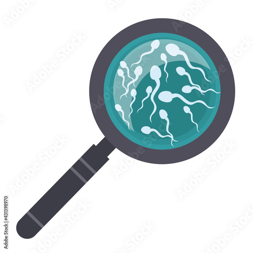 Sperm cells on a green background viewed through a magnifying glass. Eco. Laboratory medical research. Flat style illustration. Spermogram research concept. Viable sperm