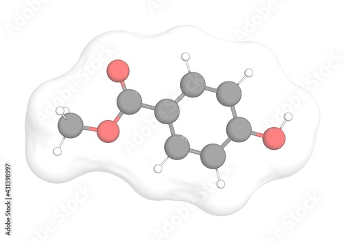 3D rendering of Methyl 4-Hydroxybenzoate with white transparent surface over a white opaque background. Also called methylparaben and methyl paraben. photo