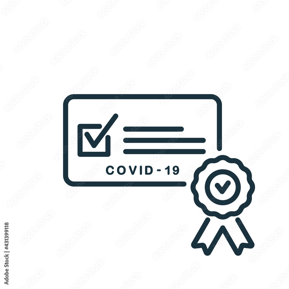 Vaccine Passport line icon. Vaccination Medical Card or Passport icon for travel. Certificate of Vaccination against Covid-19 with check mark. Editable Stroke. Vector illustration - obrazy, fototapety, plakaty 