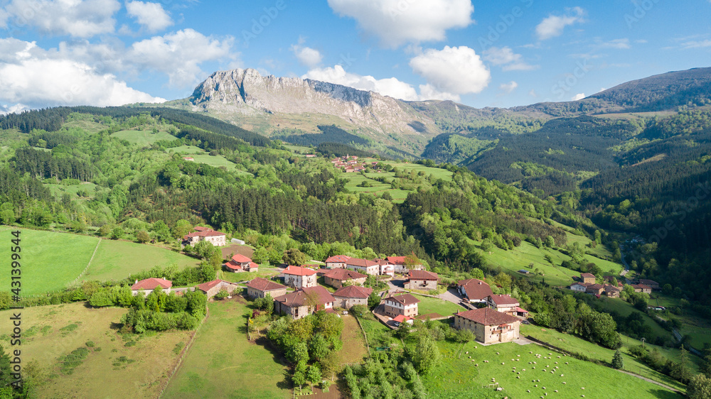 aerial view of orozko countryside town in basque country, Spain