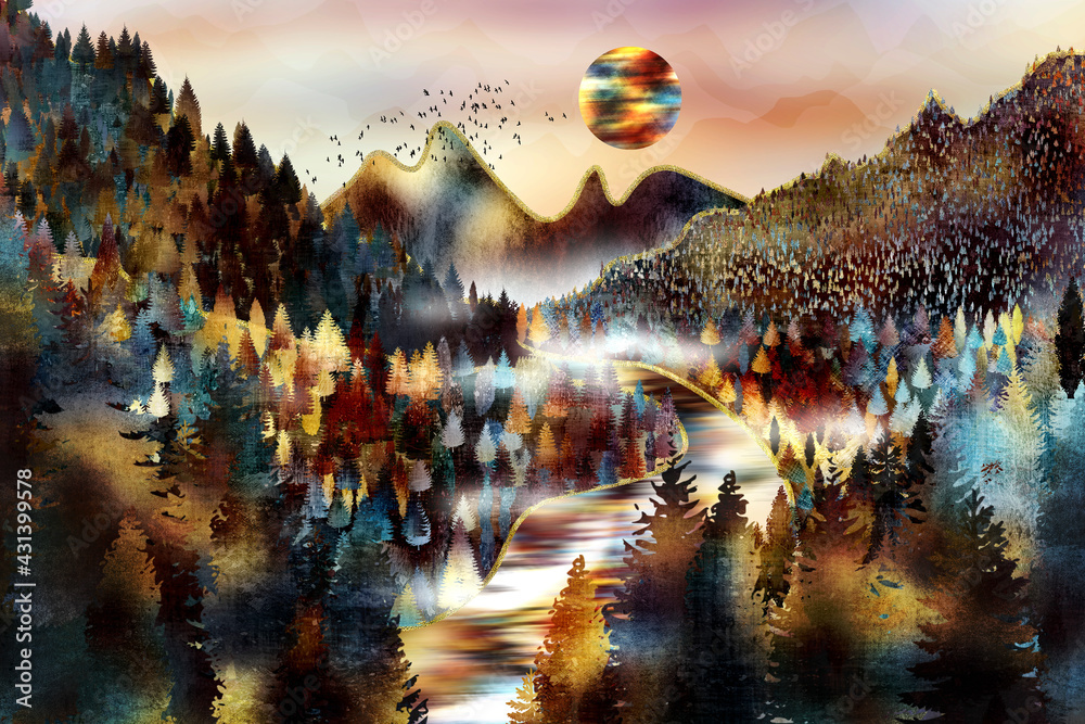 Autumnal landscape with a river and colorful forest