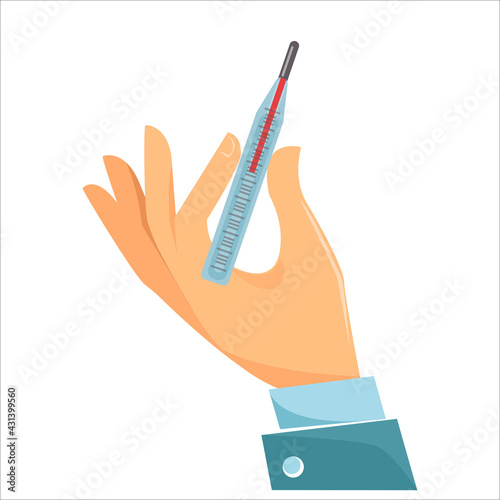 The concept of medicine and cure for illness and cold. A hand holds a mercury thermometer with an indicator of elevated temperature or fever. Vector illustration in cartoon flat style isolated. Covid