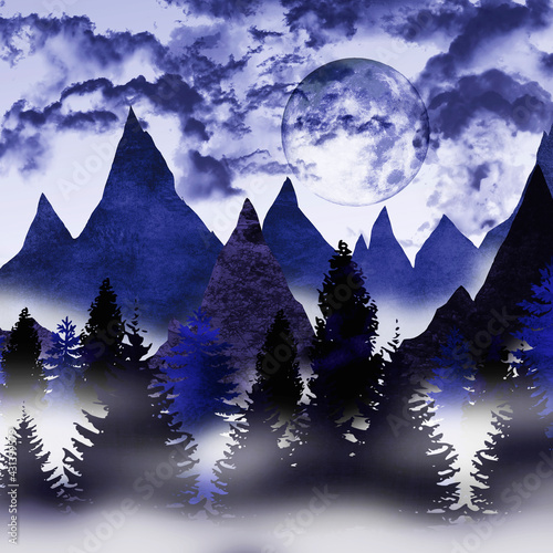 Cold blue mountains at full moon