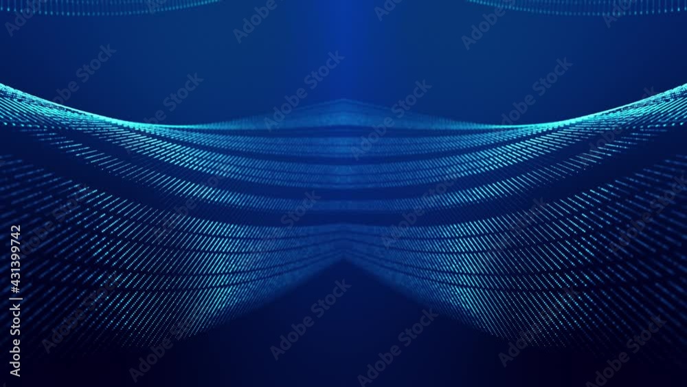 Sci-fi abstract theme with particle mirror waves. 4k looped abstract blue background of glow particles form curved lines, surfaces simmetrical structures. Digital bg with particle hologram. Sci-fi abstract theme with particle mirror waves. 4k looped abstract blue background of glow particles form curved lines, surfaces simmetrical structures. Digital bg with particle hologram.