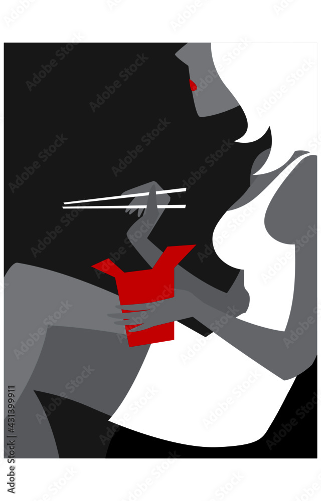 Woman with Thai food box and chopsticks. Vector image for illustrations. Woman with Thai food box and chopsticks. Vector image for illustrations.