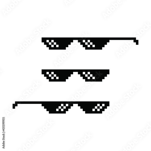 Like boss. Pixel glasses in boss style. Black sunglass in 8 bit. Eyeglass meme in funny design. Isolated cool style of gangster, bad guy glasses. Mafia or rapper thug life. Gangster fashion. Vector. 