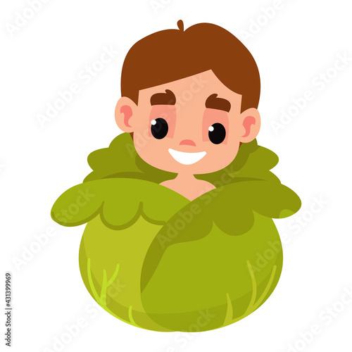 Newborn brunette toddler in the cabbage. Vector illustration in cartoon style. Isolated funny clipart on a white background. Cute print fun