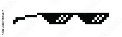 Like boss. Pixel glasses in boss style. Black sunglass in 8 bit. Eyeglass meme in funny design. Isolated cool style of gangster, bad guy glasses. Mafia or rapper thug life. Gangster fashion. Vector. 