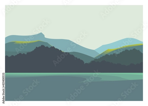 Mountain, sea, and coast. Simple flat illustration.