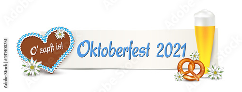 Oktoberfest 2021 Banner mit Schild,
Lebkuchen Herz, Bier, Brezel und Edelweiss, 
Vektor Illustration isoliert auf weißem Hintergrund
