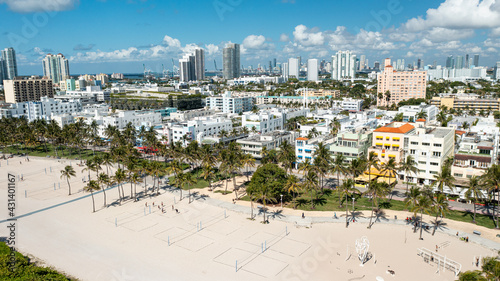 aerial drone view of South Beach and Ocean Drive in Miami Beach, in a sunny day of May 2021