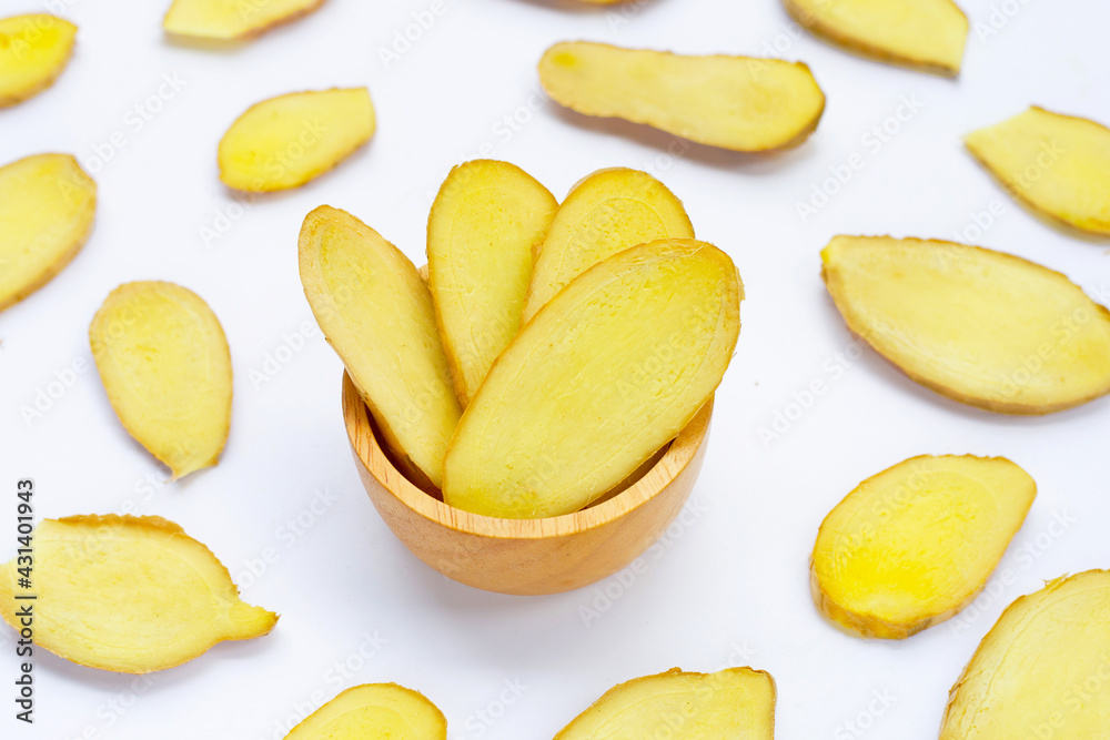Ginger slices on a white background. Ginger slices on a white background.