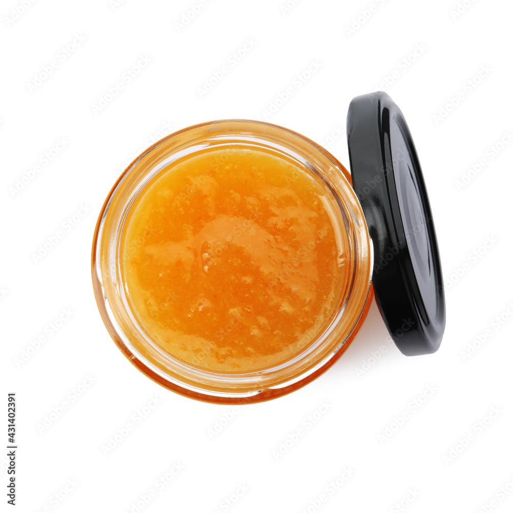 Delicious orange marmalade in jar on white background, top view