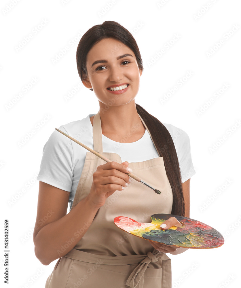 Young woman with drawing tools on white background Young woman with drawing tools on white background