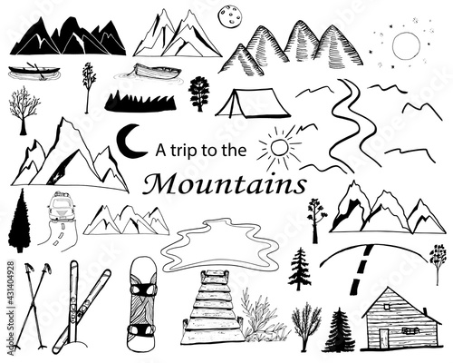 Mountain Doodle banner icon. Nature Vector Illustration Hand Drawn Art. Camping. Travel by car to the mountains. Skiing and snowboarding.