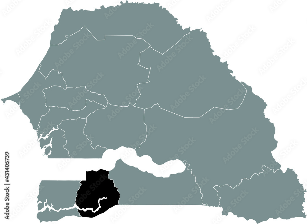 Obraz premium Black highlighted location map of the Senegalese Kédougou region inside gray map of the Republic of Senegal