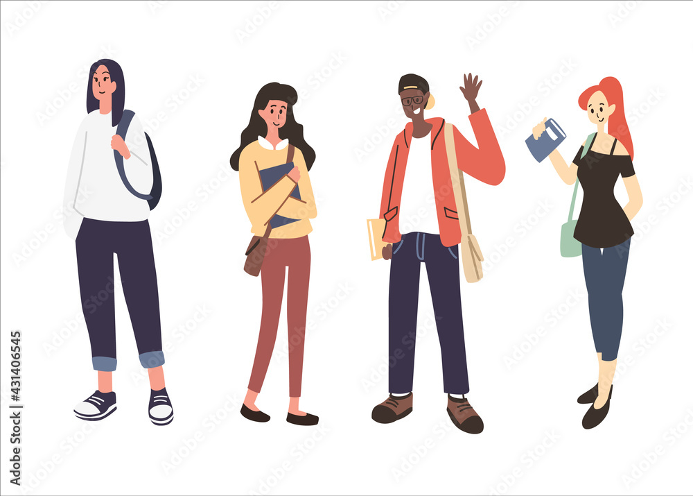 Obraz premium A group of happy high school student standing together flat vector illustration. Welcome back to school. Teenagers holding books isolated on white background. 