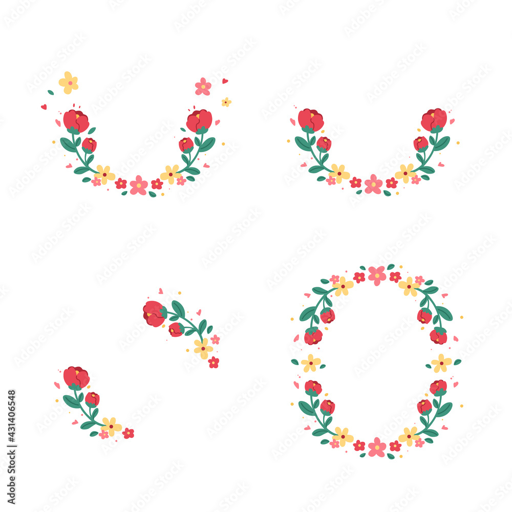 Set of cute red yellow and pink flowers arrangement with green leaves isolated vector on white background. Colorful floral element for wedding or greeting card design.