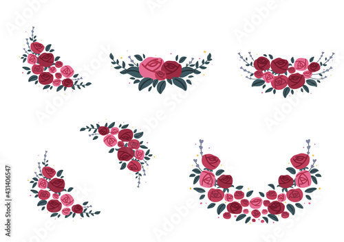 Set of beautiful red violet and pink roses arrangement with green leaves and isolated vector on white background. Colorful floral element for wedding, greeting card design or graphic decoration.