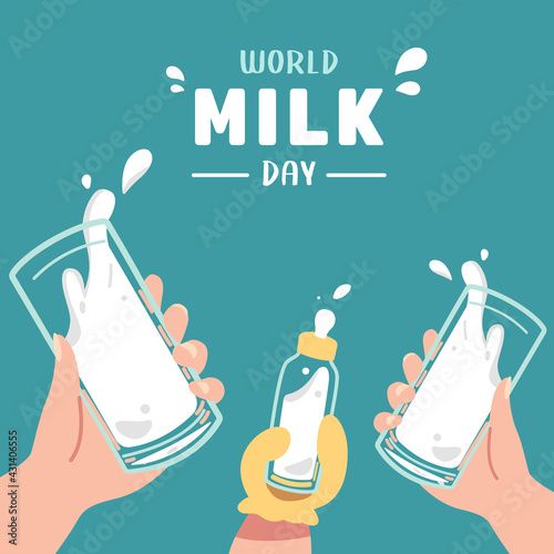 International Milk Day celebration. A group of adult, teen, children, baby hands drink a toast together concept. A lot of splash milk glasses flat vector illustration.