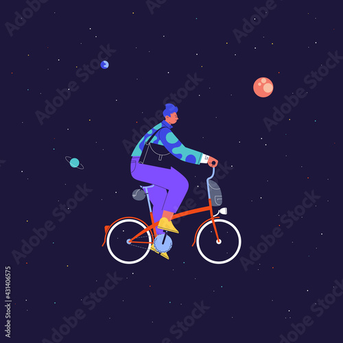 Flat illustration of a character with blue hair riding red folding city bicycle in the outer space