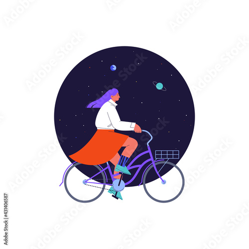 Flat illustration of a girl with long purple hair riding purple vintage cruiser bicycle with starry sky cropped in circle on the background