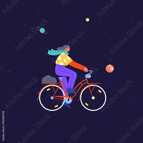 Flat illustration of a girl wearing polka dot shirt riding red vintage city bicycle in the outer space