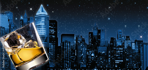 Wall Mural Illustration of a glass of scotch whiskey and ice with New-York city in the background with stars and skyscrapers