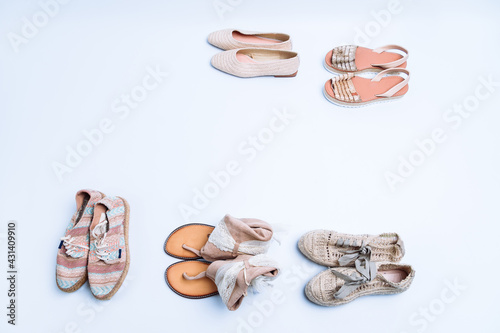 top view of sandals or summer shoes on white background. summer fashion concept