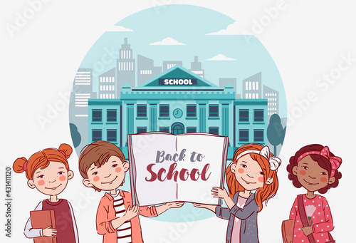 Cute boys and girls with books. Back to school vector concept