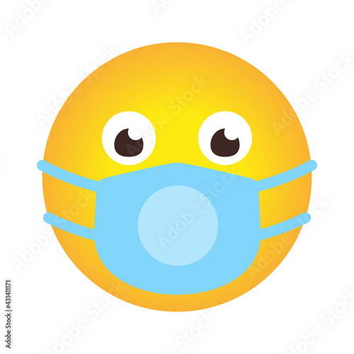 Single smile cartoon emoji icon in medical mask. Emoticon in face protective mask as sign protect against spread of coronavirus. Concept stop COVID-19. Chat app object. Isolated vector illustration