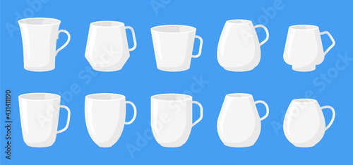 Set of cup for drinks, coffee container different type. Classic tea white mugs mockup, empty icon set. Flat cartoon style with space for labels. Template for design logo shop, menu Vector illustration