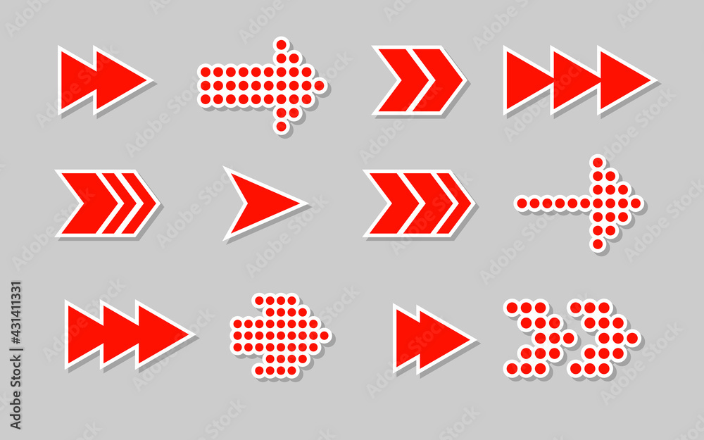 Flat red paper arrow stickers with shadows, icons set. Cursor labels ...