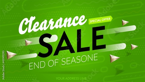 Clearance sale with special offer to end of season campaign. Three-dimension banner template with shop store address line for website. Final price reduction commerce offer with clearance sale