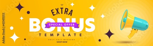 Extra bonus offer during super sale campaign announcement. Header banner template design with promotion text and megaphone. Special shop now proposition only on weekend vector illustration
