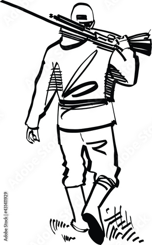 the vector sketch of the hunter with shotgun