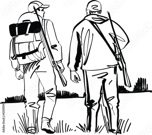 the vector sketch of the hunter with shotgun