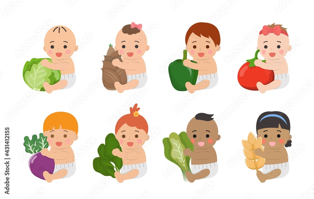 Cute babies with healthy vegetables and fruits, comic cartoon vector characters set Cute babies with healthy vegetables and fruits, comic cartoon vector characters set
