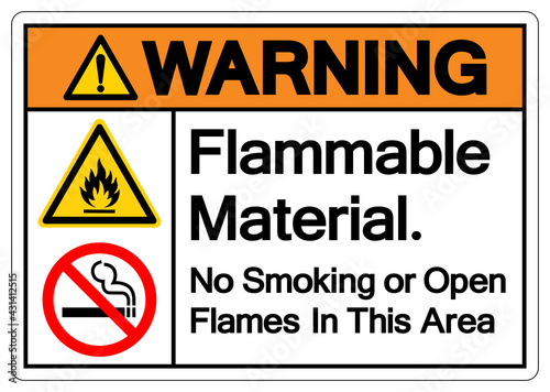Warning Flammable Material No Smoking or Open Flames in This Area Symbol Sign, Vector Illustration, Isolate On White Background Label. EPS10