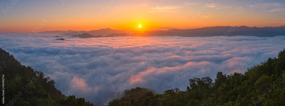 Obraz premium skywalk in Yala Province, Southern Thailand The whole milky way Beautiful morning mist, suitable for traveling.