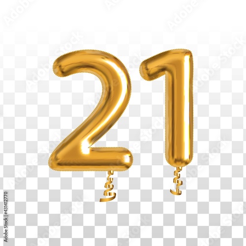 Vector realistic isolated golden balloon number of 21 for invitation decoration on the transparent background.