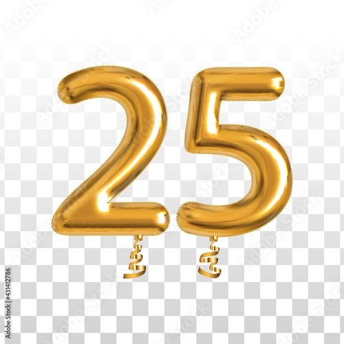 Vector realistic isolated golden balloon number of 25 for invitation decoration on the transparent background.
