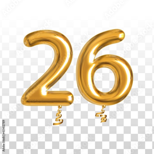 Vector realistic isolated golden balloon number of 26 for invitation decoration on the transparent background.