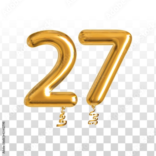 Vector realistic isolated golden balloon number of 27 for invitation decoration on the transparent background.
