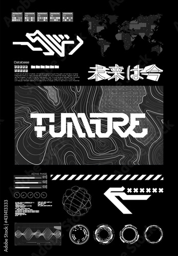 Scifi and HUD box elements for Futuristic design. T-shirt, merch, poster, flayer, apparel and other. Trendy digital elements set for silkscreen clothing. Vector set. Translated from Japanese - Future