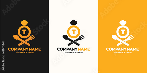 Initial letter T food Logo Design Template. Illustration vector graphic. Design concept fork,spoon and chef hat With letter symbol. Perfect for  cafe, restaurant, cooking business